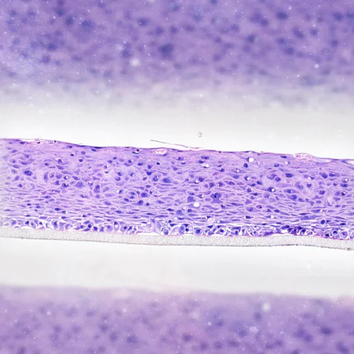 Close-up view of 3D human organotypic buccal cell colored with hematoxylin and eosin.