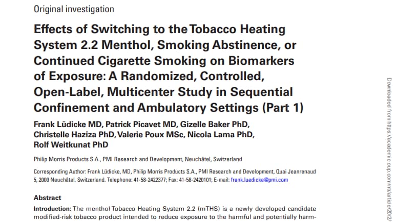 Effects of switching to the Tobacco Heating System 2.2 menthol, smoking abstinence, or continued cigarette smoking on biomarkers of exposure: A randomized, controlled, open-label, multicenter study in sequential confinement and ambulatory settings