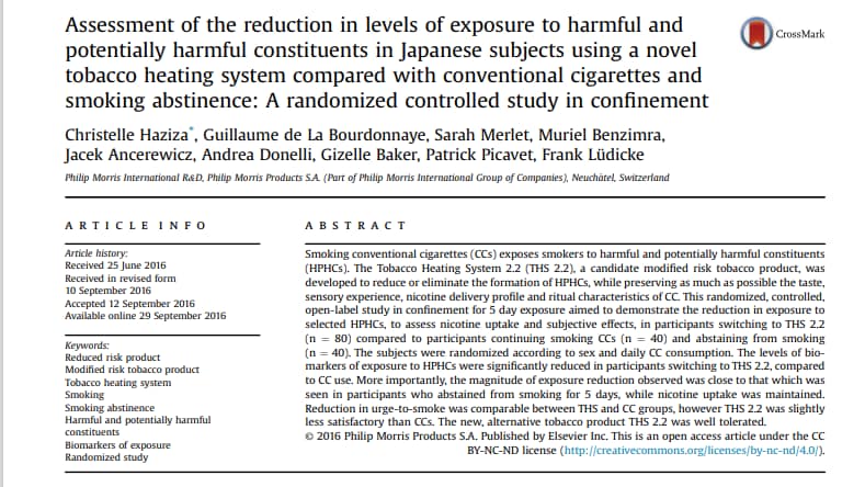 Assessment of the reduction in levels of exposure to harmful and potentially harmful constituents in Japanese subjects using a novel tobacco heating system compared with conventional cigarettes and smoking abstinence