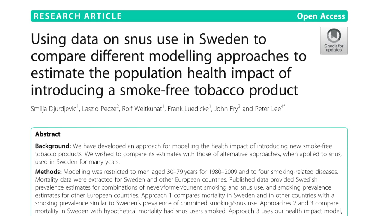 Using data on snus use in Sweden to compare different modelling approaches to estimate the population health impact of introducing a smoke-free tobacco product