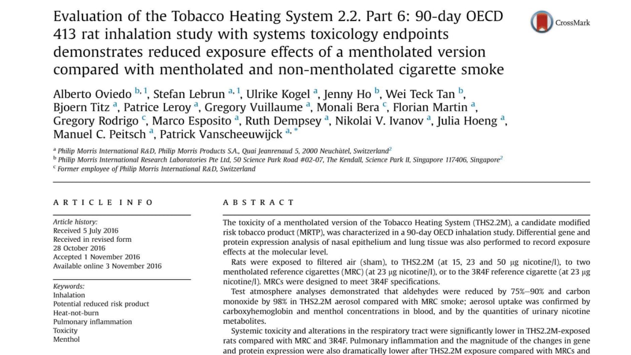 Evaluation of the Tobacco Heating System 2.2. Part 6: 90-day OECD 413 rat inhalation study with systems toxicology endpoints demonstrates reduced exposure effects of a mentholated version compared with mentholated and non-mentholated cigarette smoke